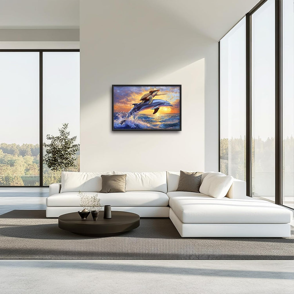 Large Funny Sea Turtle Wall Art for Living Room, Framed Oversized Ocean Dolphin Wall Decor Sunset Nautical Canvas Painting Modern Artwork Home Decoration for Bedroom Office 36"x24"