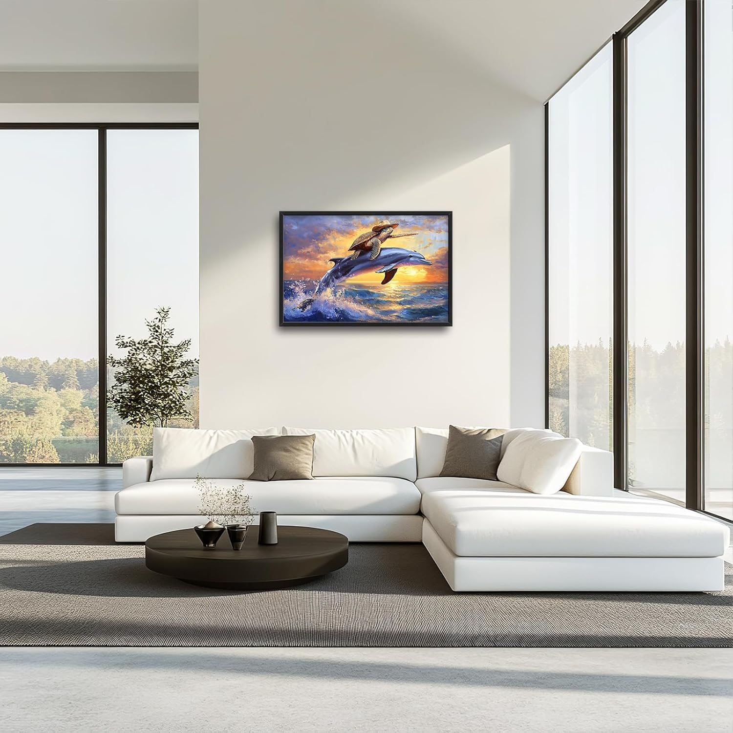 Large Funny Sea Turtle Wall Art for Living Room, Framed Oversized Ocean Dolphin Wall Decor Sunset Nautical Canvas Painting Modern Artwork Home Decoration for Bedroom Office 36"x24"