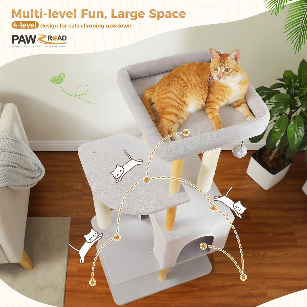 PAWZ Road Large Cat Tree, 53 Inches Modern Wooden Cat Tower for Indoor Cats, Multi-Level Cat Condos with Long Scratching Posts and Natural Wood Posts，Gray