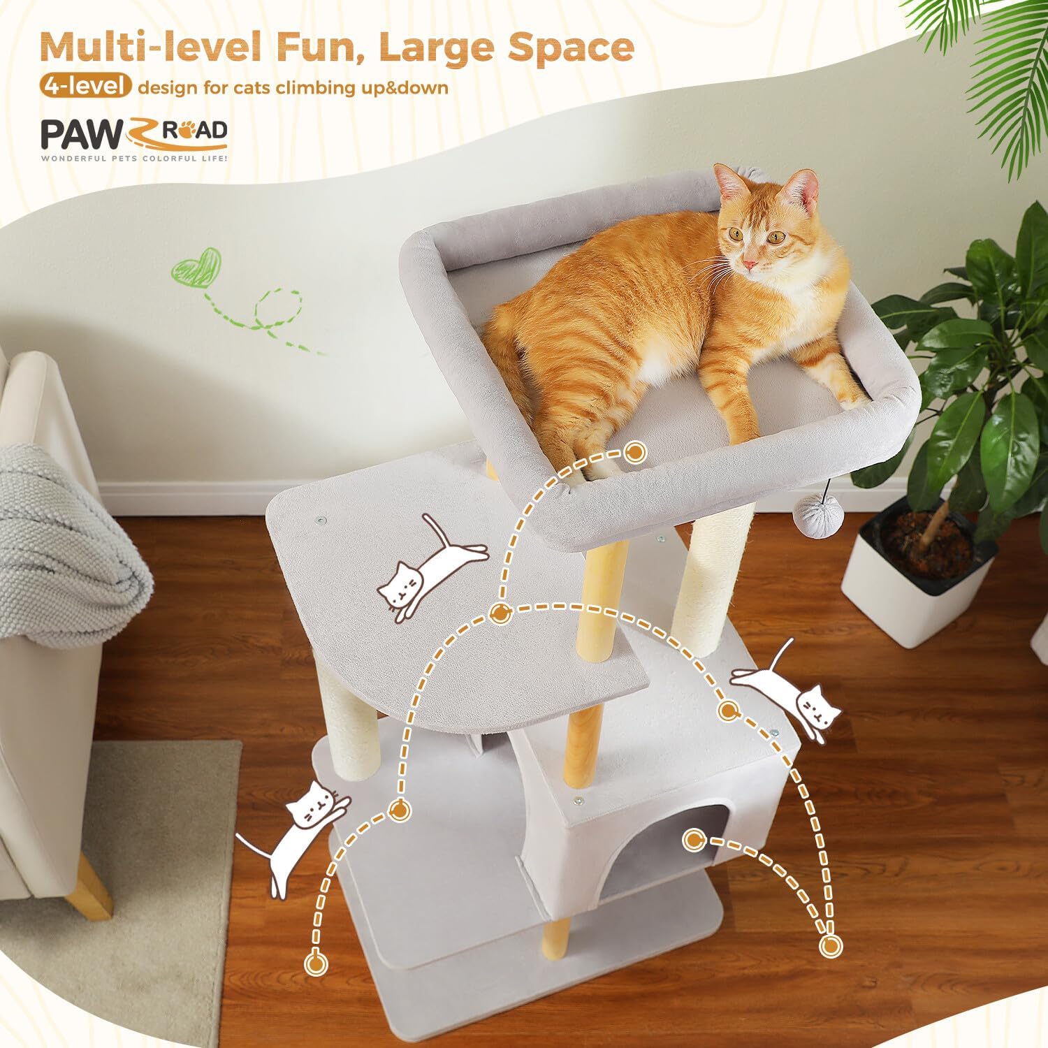 PAWZ Road Large Cat Tree, 53 Inches Modern Wooden Cat Tower for Indoor Cats, Multi-Level Cat Condos with Long Scratching Posts and Natural Wood Posts，Gray