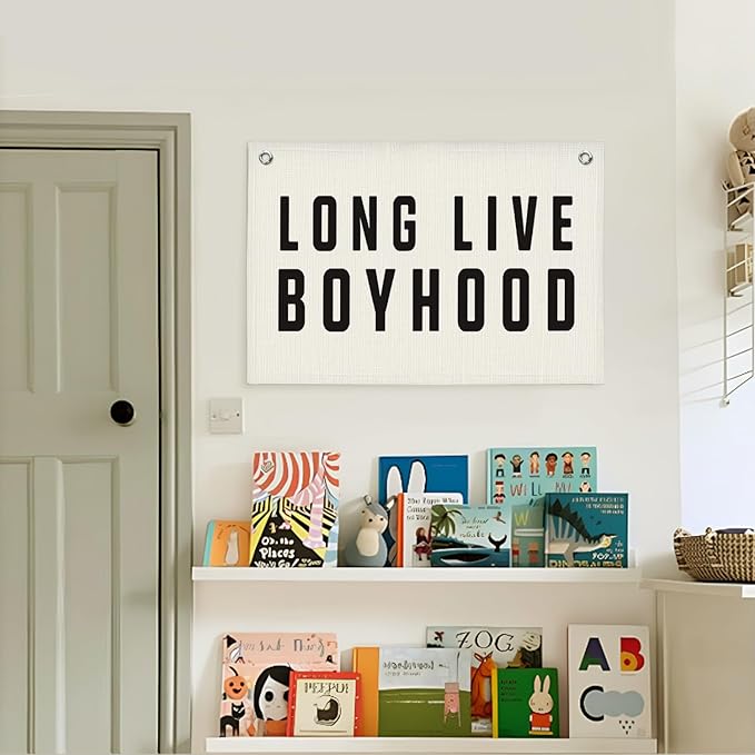 Lacama Long Live Boyhood Banner, Neutral Canvas Wall Hanging Banner Flag for Nursery Playroom, Toddler Room, Boys Kids Room Decor 30x20 Inch