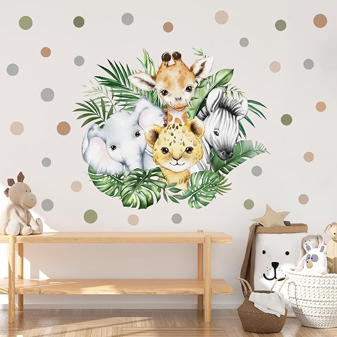 37.95x33.13 Inch Watercolor Jungle Animal Wall Decal Forest Animal Tiger Elephant Giraffe Zebra Wall Sticker Removable Safari Animal Wall Decal for Baby Nursery Playroom Bedroom Classroom Wall Decor