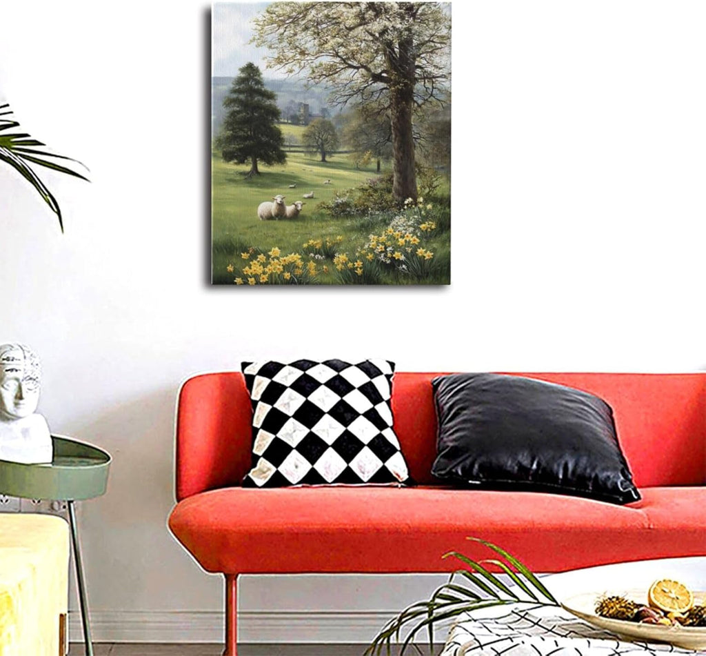 Country Sheep Canvas Wall Decor Farmhouse Rustic Lamb Wildflower Wall Art Nature Countryside Landscape Pictures Painting Print Framed Artwork Decorations for Bathroom Living Room Bedroom 24"x20"
