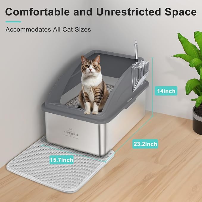 AIPERRO Stainless Steel Litter Box | XXL Deepened 8" Design Enclosed Box - Image 3