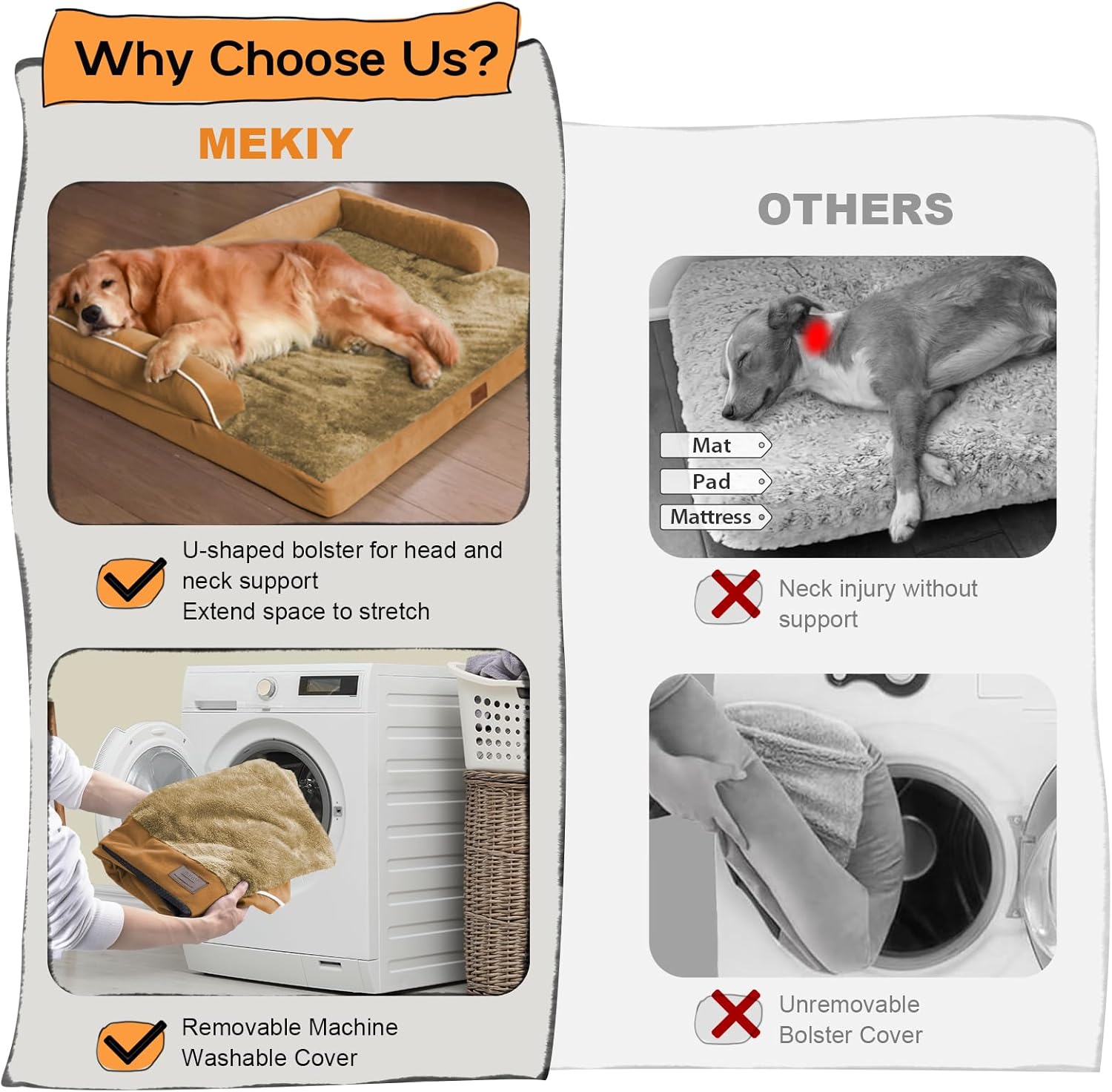 Large Dog Bed Orthopedic Washable, Orthopedic Dog Beds for Large Dogs with Washable Cover, Removable Bolster and Non-Slip Bottom Orange Dogs Beds, XL XLarge Extra Large Dogs