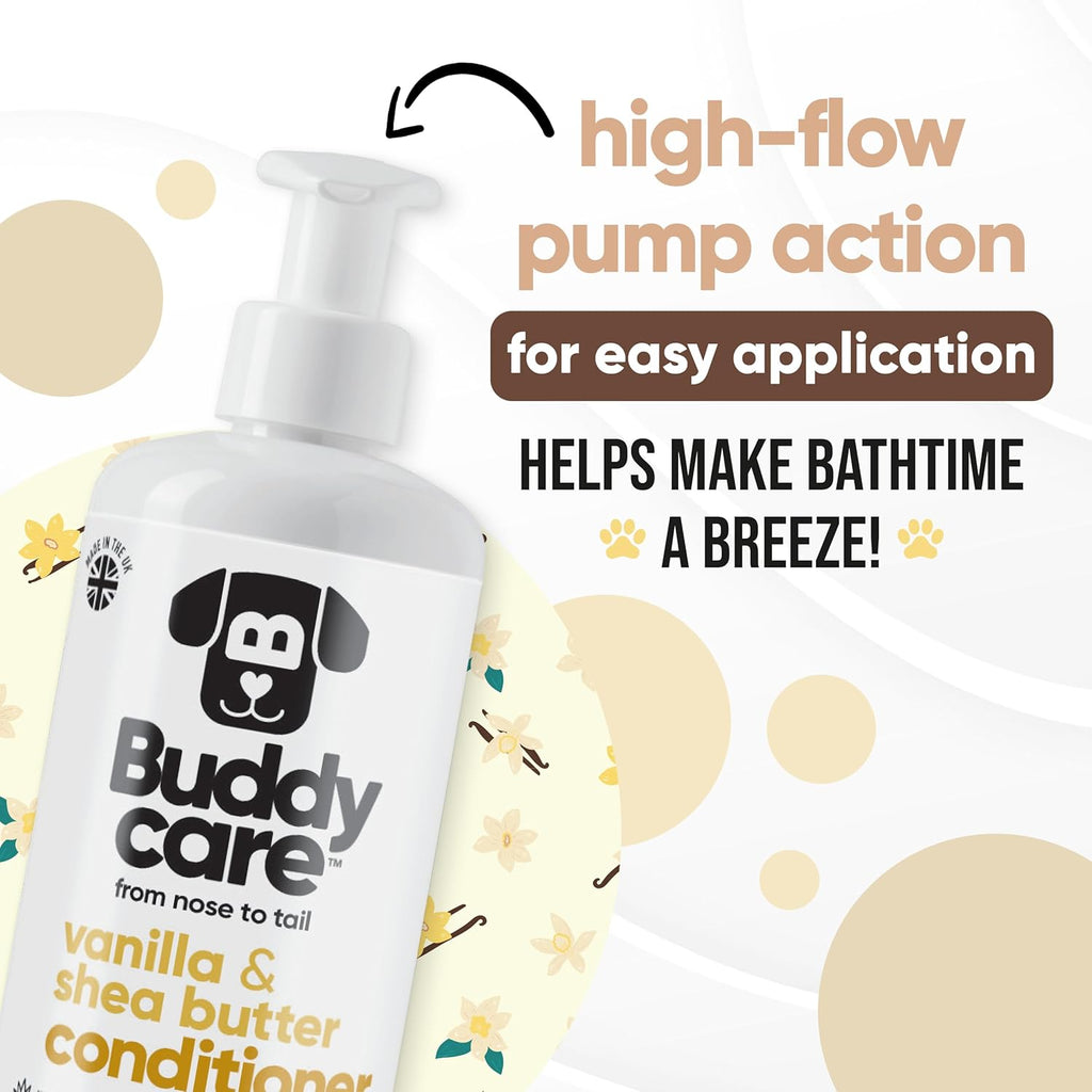 Vanilla & Shea Butter Dog Conditioner (16.90oz) Aloe Vera, Argan Oil & Pro Vitamin B5 to Detangle Matted Coats & Relieve Sensitive & Itchy Skin, Suitable for Puppies from 8 Weeks, Vegan