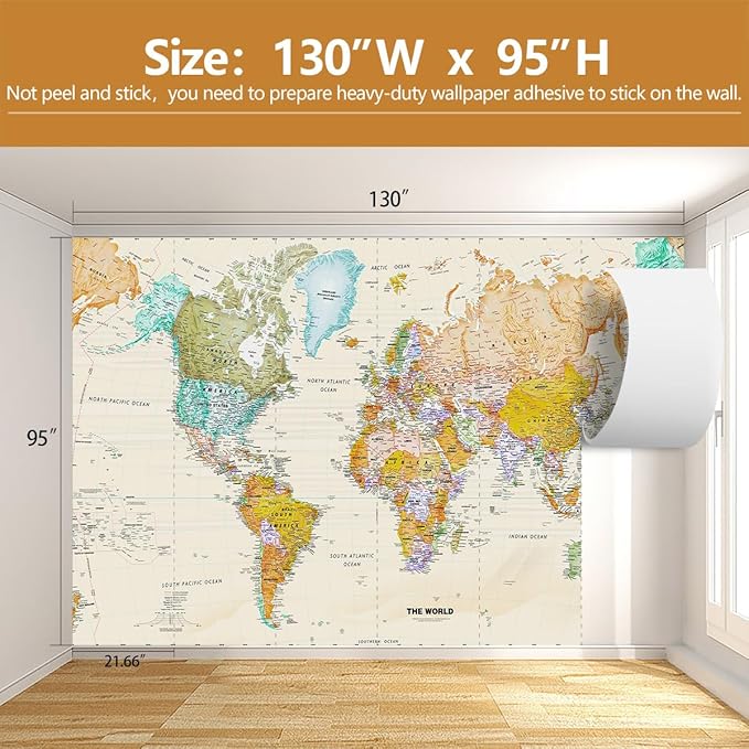 World Map Wallpaper Kids Wallpaper Mural for Nursery（Not Peel and Stick）