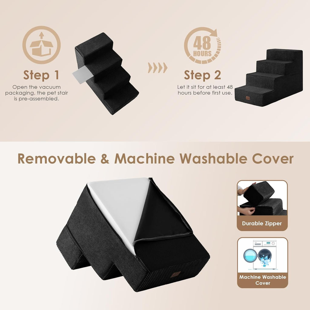 EHEYCIGA Dog Stairs for Bed 20" H, 4-Step Extra Wide Dog Steps for High Bed, Pet Steps for Small Dogs and Cats, Non-Slip Balanced Pet Ramp Indoor, Black