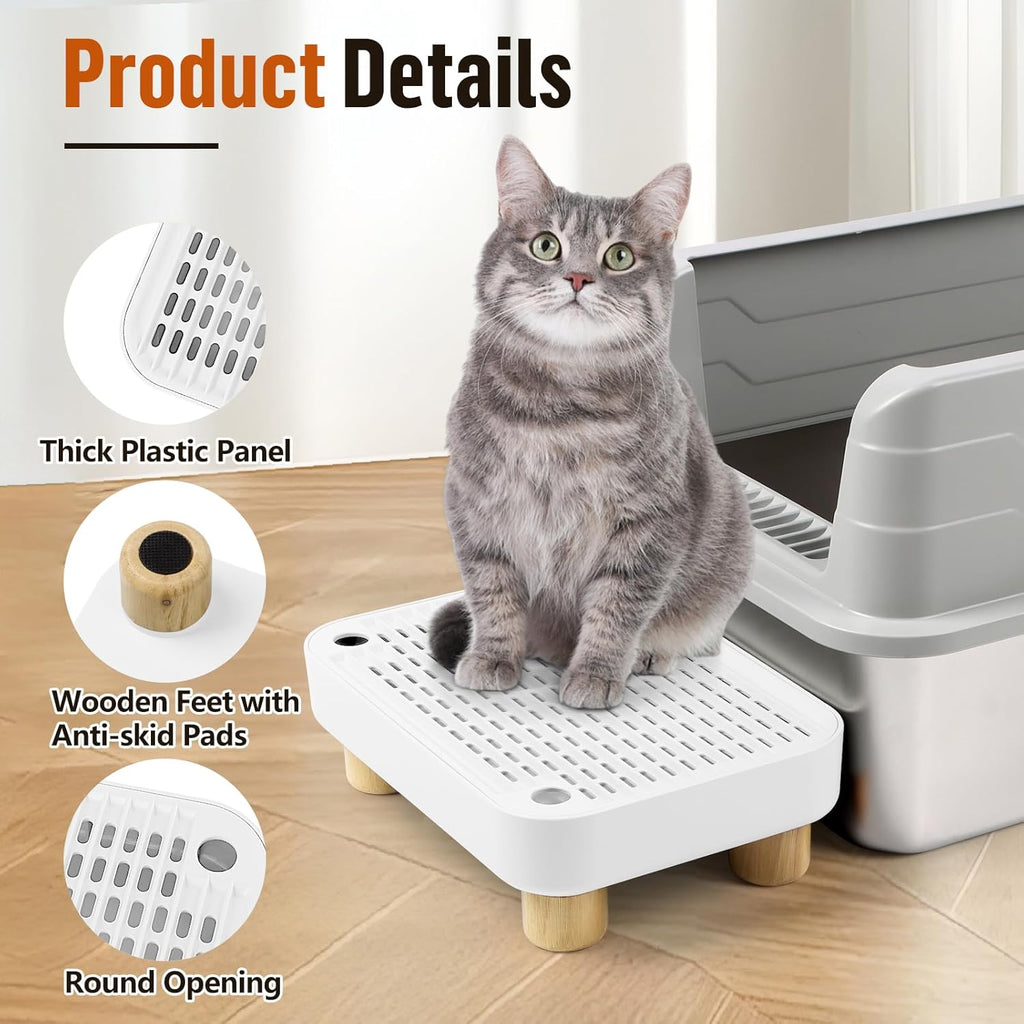 Cat Litter Box Step Ramp, Cat Litter Catcher Mat with Wooden Feet, Filter Function, Cat Pedal Stool for Self-Cleaning Cat Litter Box, Ideal for Kitten & Elderly Cats (White)