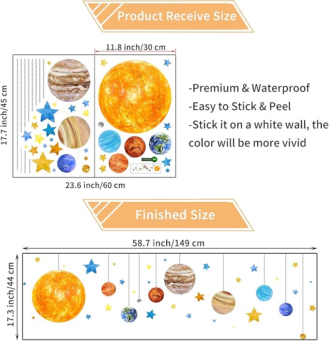 Planets and Space Wall Decals, Removable Solar System Wall Stickers, Cartoon Stars Wall Décor, Peel and Stick Universe DIY Art Murals Vinyl Wallpaper for Kids Boys Bedroom Nursery Decoration