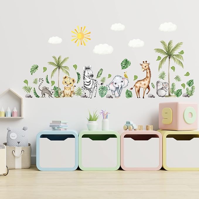 clothmile Watercolor Jungle Animal Wall Decals - Forest Animal Wall Sticker - Elephant, Lion, Monkey - For Kids, Baby Nursery, Playroom, Bedroom & Classroom Decor