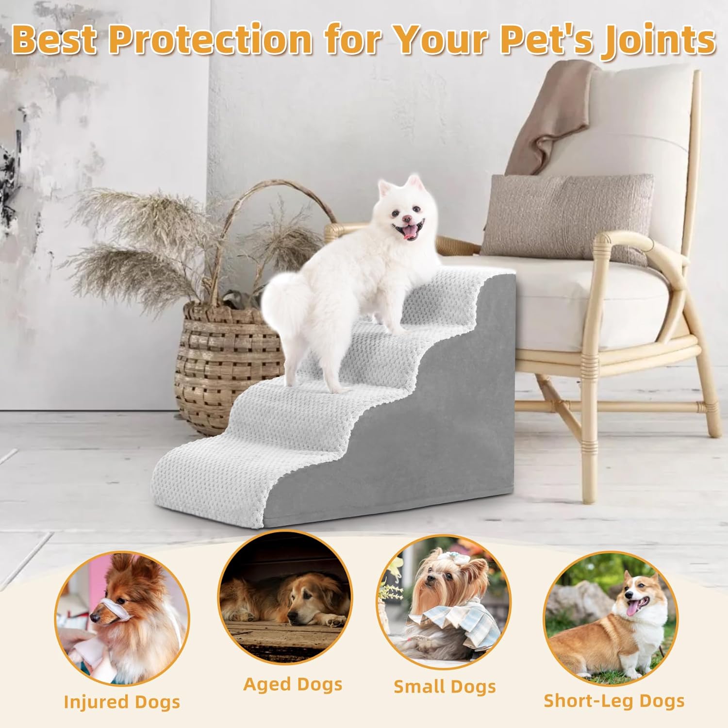 MIHIKK Dog Stairs Ramp, Curved 4-Step Dog Steps for Small Dogs and Cats, Pet Stairs for High Beds and Couch with Anti-Slip Washable Cover and Durable High Density Foam, Grey