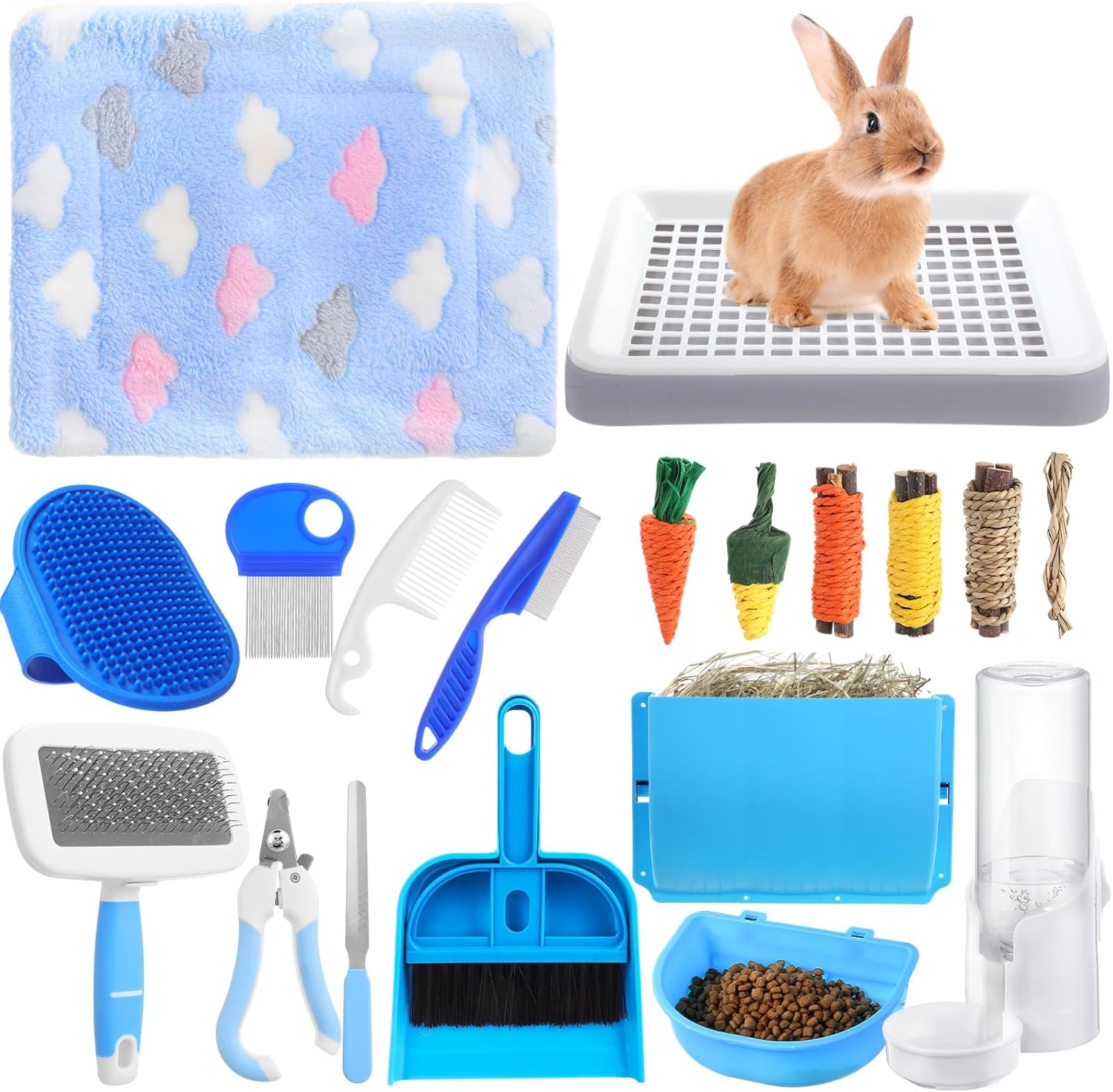 19 Pcs Rabbit Starter Kit Small Bunny Litter Box Animal Grooming Kit Water Bottle Bunny Toys Hay Feeder Bowl Blankets with Cleaning Set for Guinea Pig Rabbit Accessories