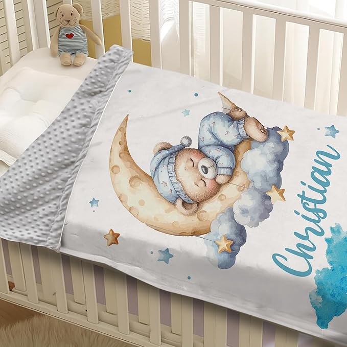 Personalized Baby Blanket with Name, Customized Blanket for Newborn Boys Girls, Sleepy Bear Theme Baby Name Blanket with Dotted Backing, Receiving Swaddle, Baby Shower Birthday Gifts(30”x40)