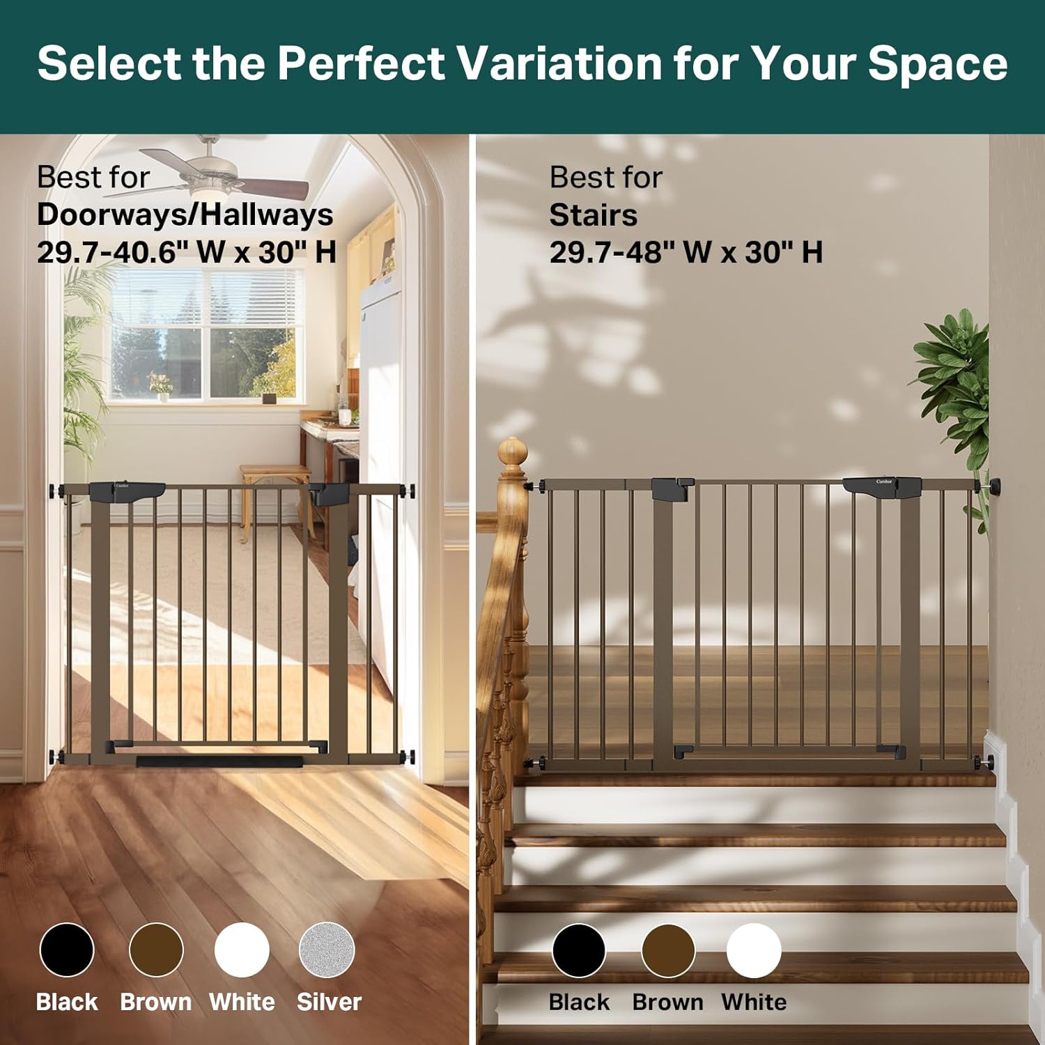 Cumbor 29.7-48" Baby Gate for Stairs, Mom's Choice Awards Winner-Dog Gate for Doorways, Auto Close Safety Pet Gate for Dogs Indoor, Easy Install Pressure Mounted Child Gate with Walk Thru Door, Brown