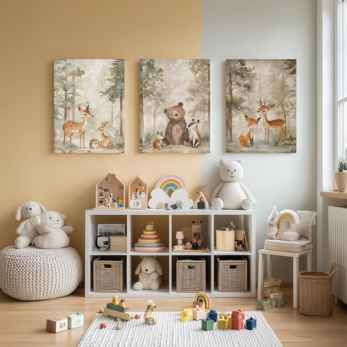 Cyebmo Framed Woodland Animals Wall Art Set of 3, Baby Boy Wild Forest Animals Wall Decor, Deer Bear Fox Wrapped Canvas Painting, Neutral Aesthetic Pictures for Kids Room Benroom Nursery 12"x16"x3