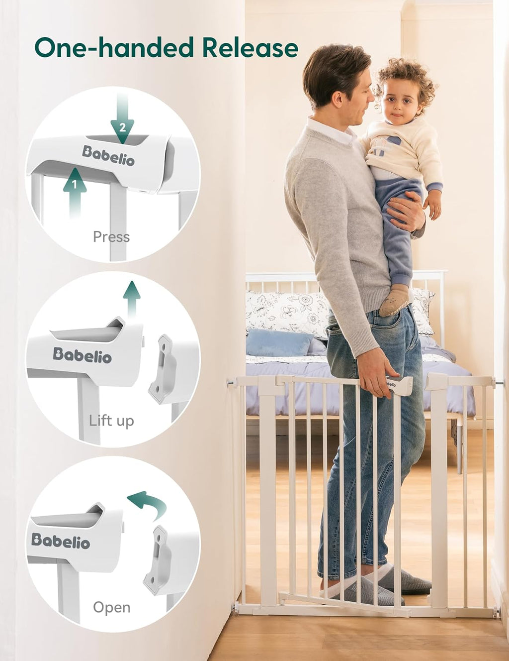 Babelio Metal Baby Gate, 29-43" Auto Close Easy Install Pet Gate, Extra Wide Walk Thru Child Safety Gate, 30" Tall Pressure Mounted Dog Gate for Doorways & Stairs, White