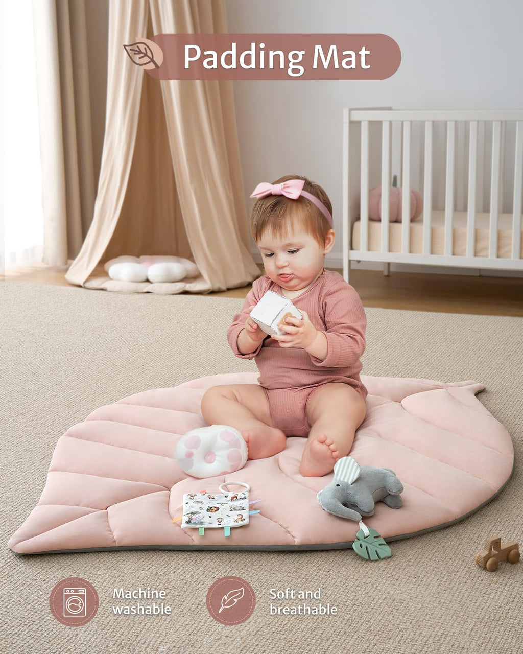 Blissful Diary Baby Play Gym & Activity Mat, Oversize Leaf Shaped Tummy Time Baby Play Mat w 6 Detachable Toys Promotes Motor Skills & Sensory Development, Newborn Infant Essentials Gift, Crystal Pink