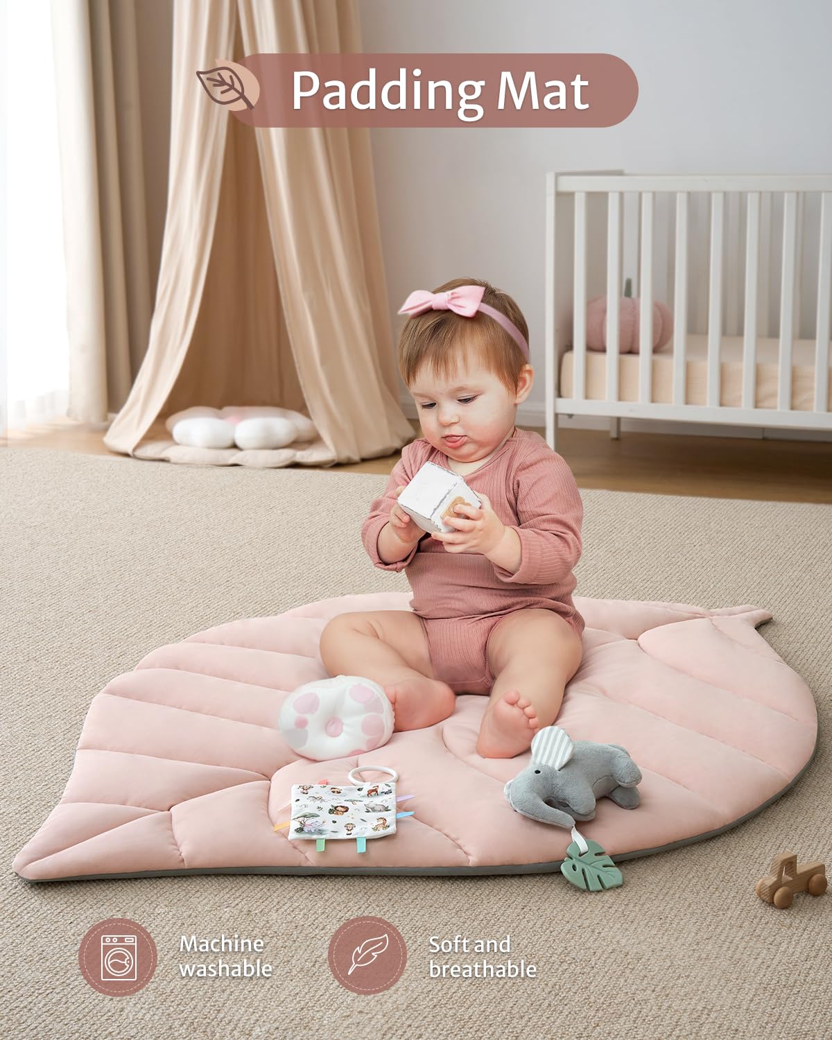 Blissful Diary Baby Play Gym & Activity Mat, Oversize Leaf Shaped Tummy Time Baby Play Mat w 6 Detachable Toys Promotes Motor Skills & Sensory Development, Newborn Infant Essentials Gift, Crystal Pink