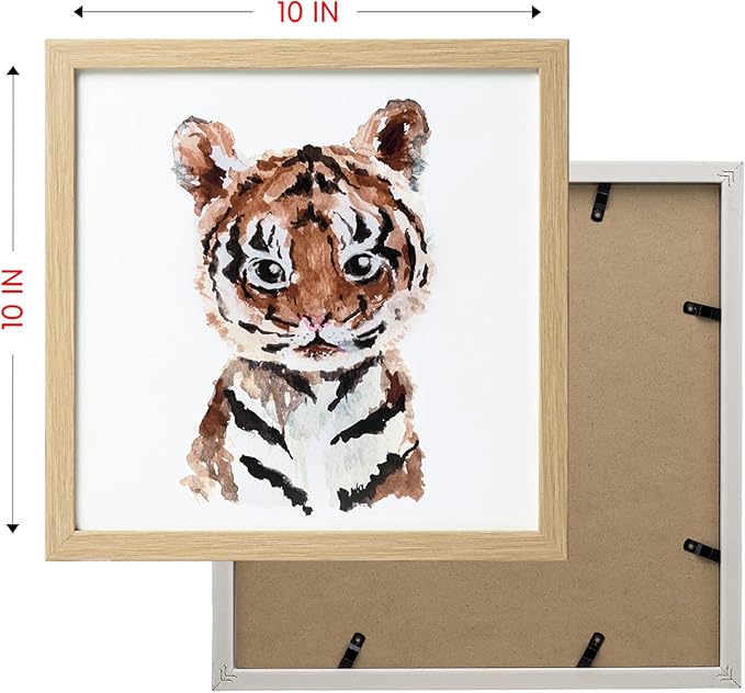 ArtbyHannah Framed Safari Nursery Wall Decor, 10x10 inch Cute Baby Wall Art Room Decor for Kids, Jungle Animals Prints for Playroom Bedroom Decorations 4 Pack (Elephant, Giraffe, Tiger and Cow)