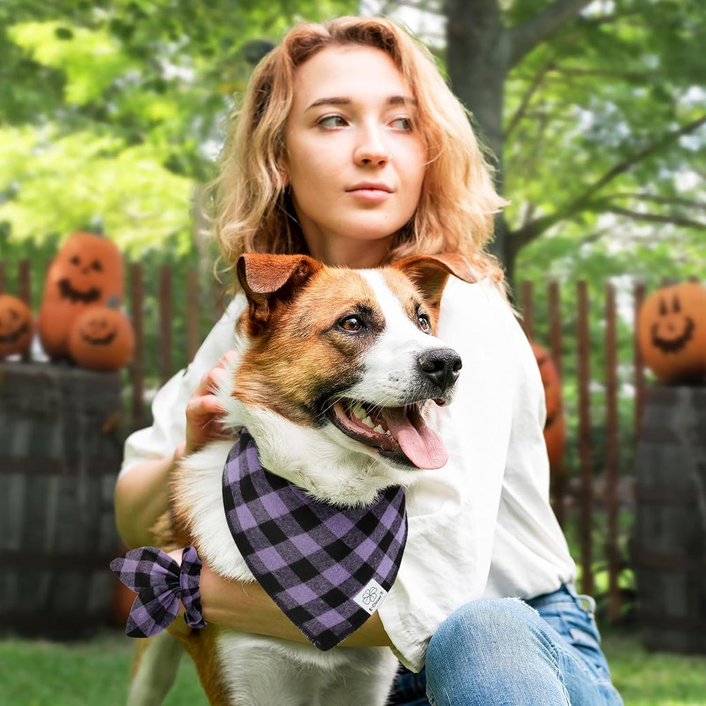 E-Clover Halloween Dog Bandanas & Matching Scrunchie-Plaid Dog Bandana Girl Boy Pet Scarf Kerchief for Medium Large Dogs Puppy Owner Mom Gifts Purple