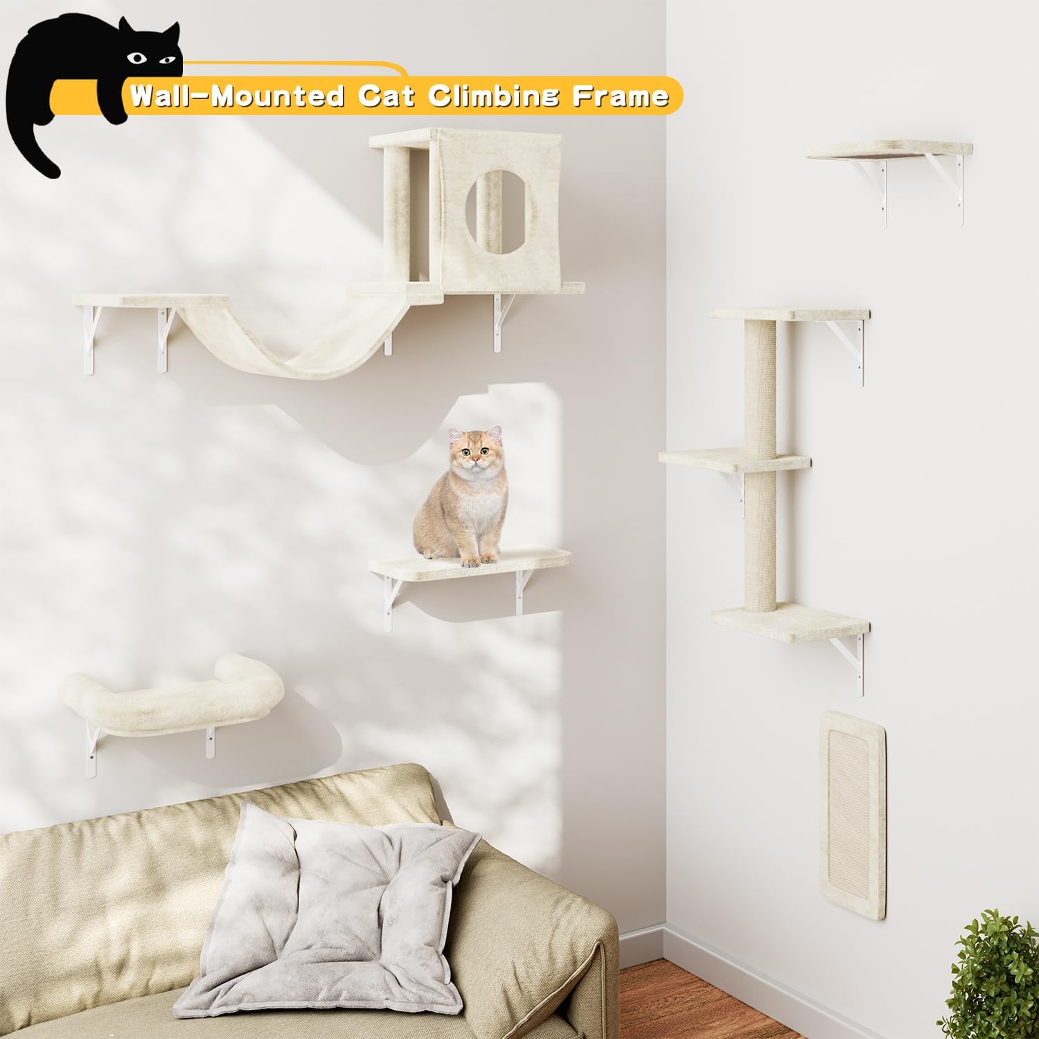 NUNU LAB Wall Mounted Cat Climber Set, 6 Pcs Cat Furniture Set with House, Bridge, Steps, Scratcher Board and Hammock, Shelves for Indoor, Luxury Walls Furniture(Beige)