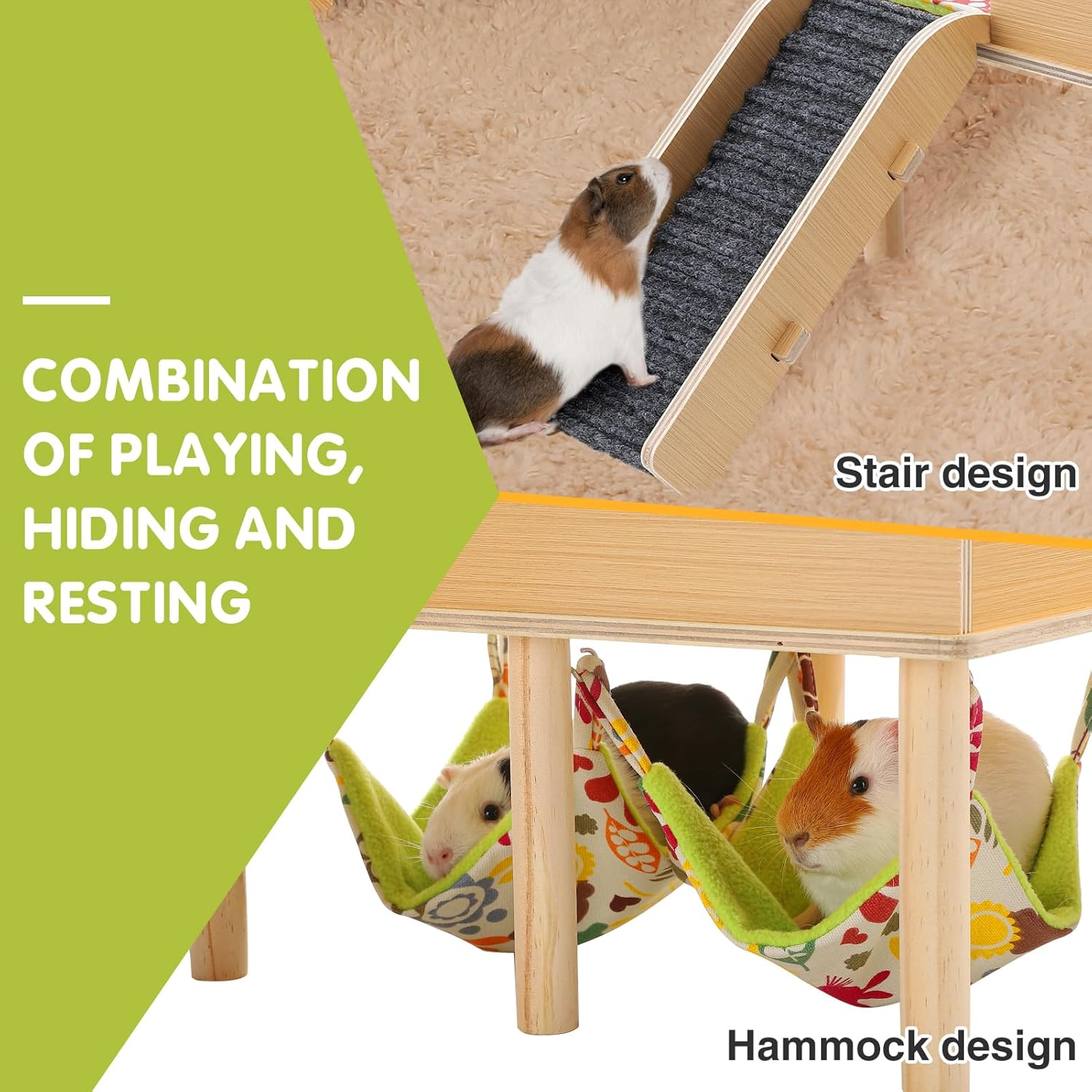 MEWTOGO Guinea Pigs Hammock with Platform, Wooden Guinea Pig Hideout with Stairs, Safe and Durable Small Pet Bed for Piggies Chinchilla Rat Hamster Bunny (Double Hammocks)