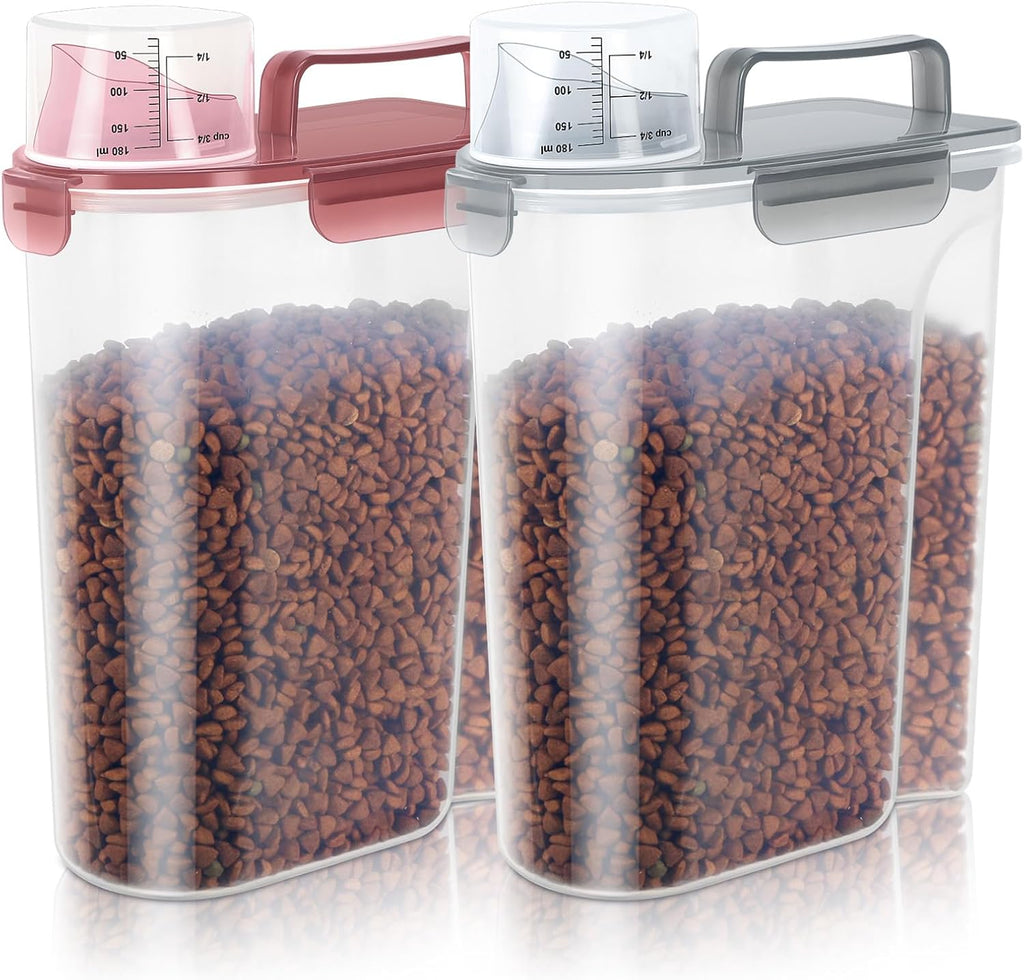 5-7Lbs Cat Dog Storage Container, Portable Pet Food Containers with Upgraded Large Spout and Cup, Small Animal Kibble Dispenser for Bird Seed, Oatmeal, Rice, Flour (2, Claer(Pink+Grey), 5L)