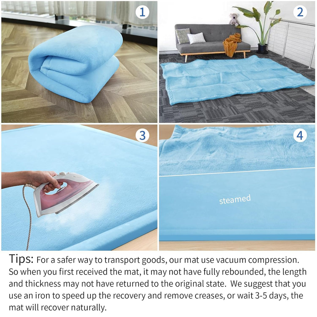 Baby Play Mat for Floor,1.3" Thick Memory foam Tummy Time Mat,Soft Coral Velvet Nursery Rug for Toddlers,Infants,kids,Extra Large Non Slip for Crawling,Tatami Style(Light Blue)