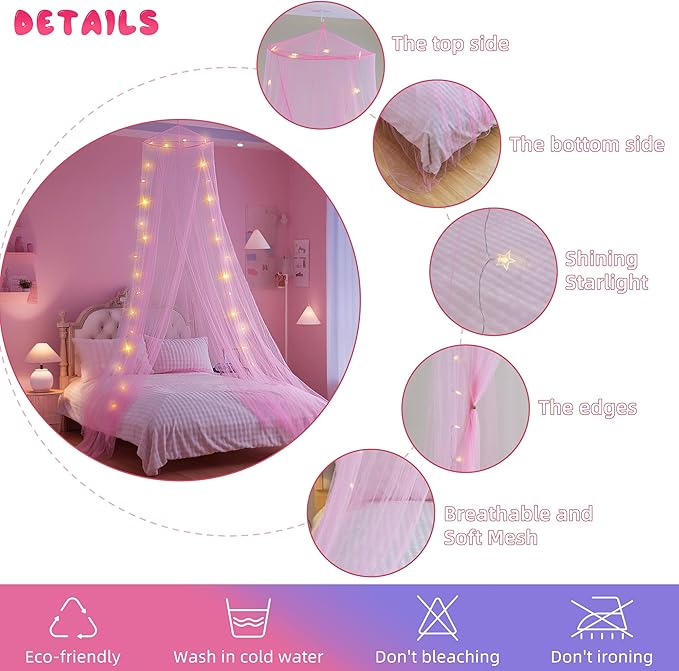 lazyzzz Bed Canopy for Girls with Glowing Stars, Canopy Bed Curtains Dome Mosquito Net for Queen King Size Kids Bed, Princess Room Decor Ceiling Tent for Baby Crib and Adult Bed