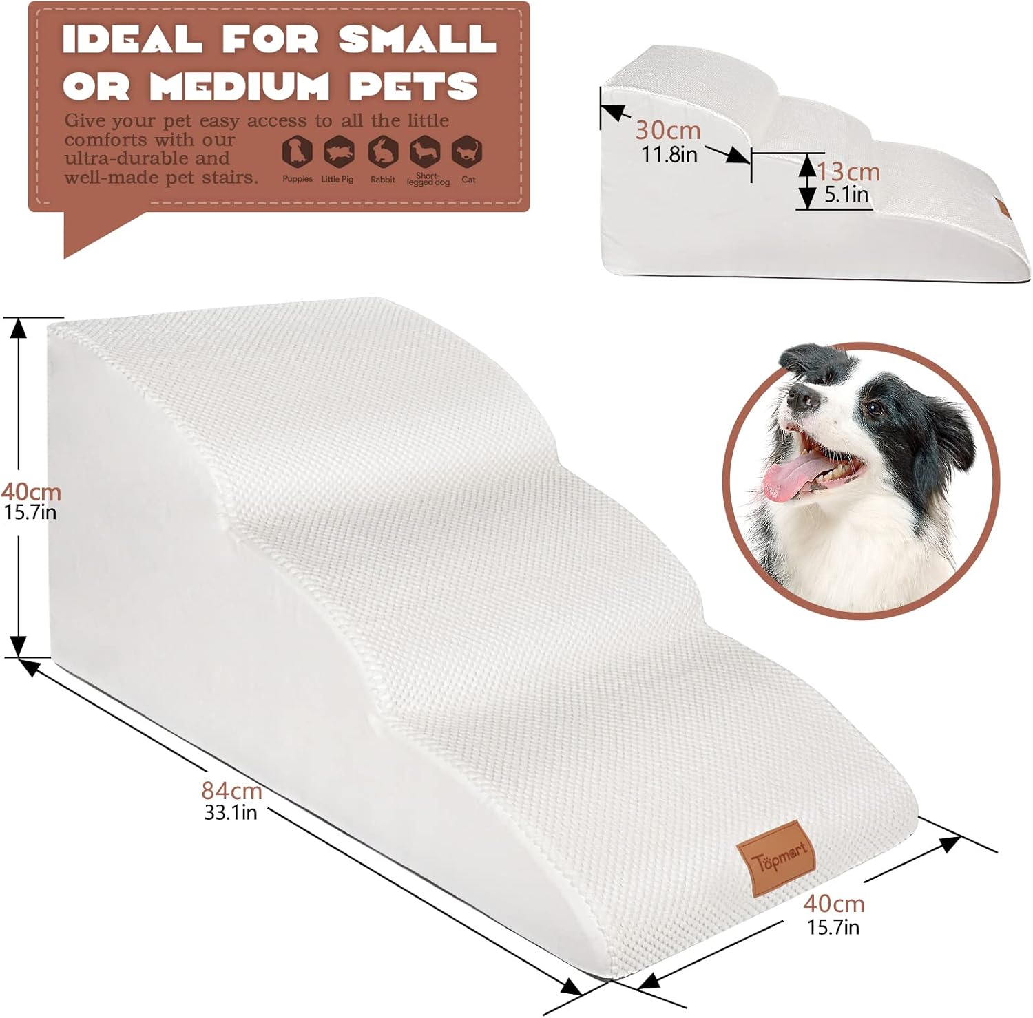 Topmart High Density Extended Foam Dog Ramp&Steps 3 Tiers,15.7" High,Non-Slip Dog Stairs with Waterproof Cover,Soft Foam Pet Ladder,Best for Injured,Older Cats,Pets with Joint Pain