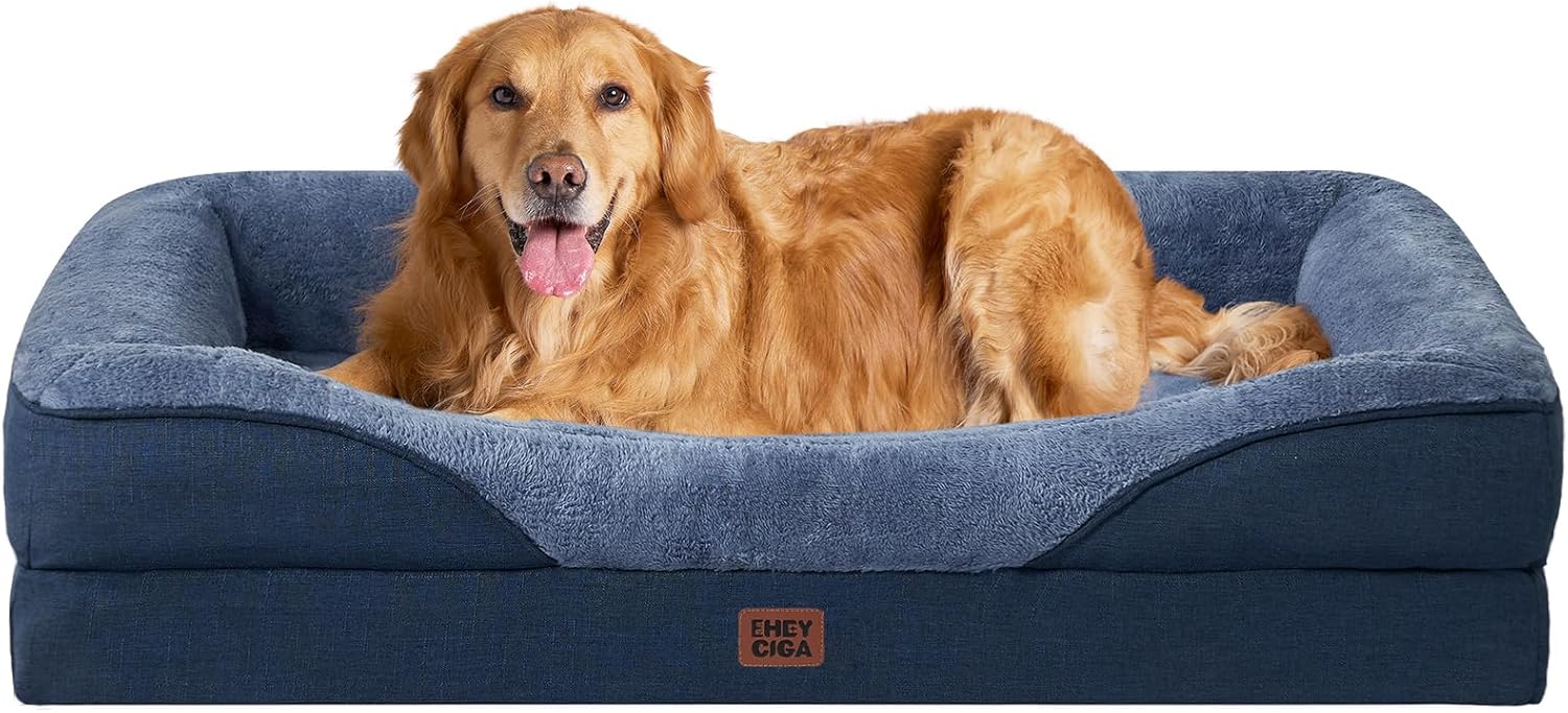 EHEYCIGA Memory Foam Dog Bed for Large Sized, Orthopedic Dog Sofa with Sides and Waterproof Liner, Washable Bolster Pet Couch with Removable Cover, 41x27x7.5 Inch, Navy