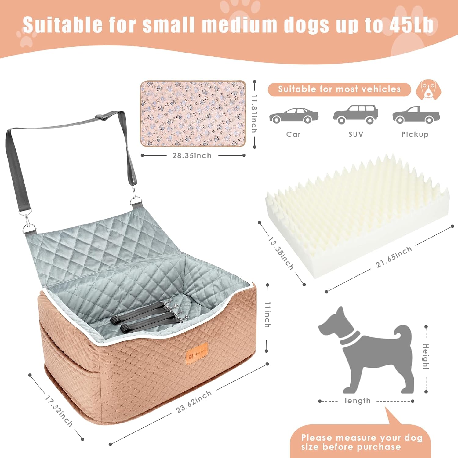 Memory Foam Booster Dog Car Seat Medium Dogs, Elevated Pet Car Seat Under 45 LBS, Detachable Washable, Anti-Slip Dog Booster Seat for Car Back Seat Only, Travel Dog Car Bed, Dog Seat Belt