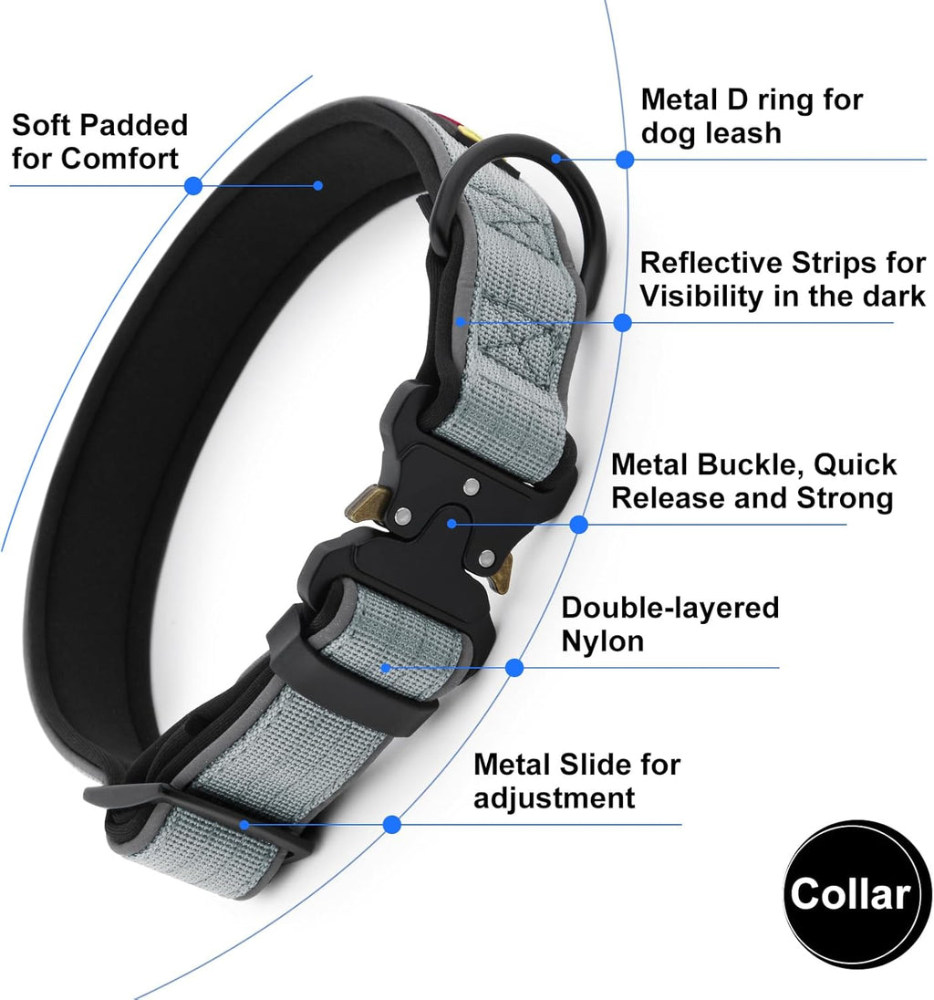 Plutus Pet Tactical Dog Collar, Reflective, Adjustable Heavy Duty Dog Collar, Soft Padded and Comfortable, for Small Medium and Large Dogs (Gray, L)