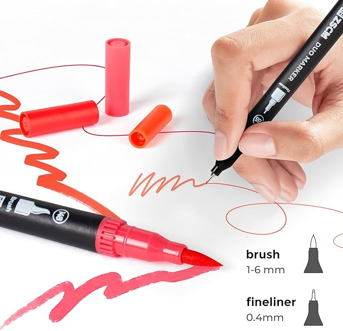 Red Duo Tip Marker Pens, 12 Pack Fine & Brush Markers for Adult Coloring Books No Bleeding, Vibrant Red Markers for Holiday Cards, Bold Lettering, Attention-Grabbing Highlights and Logos