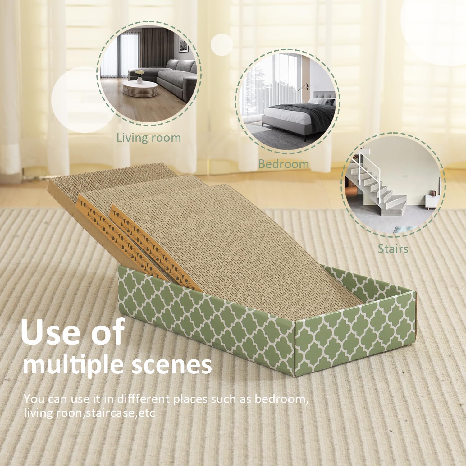 MECOOL Cat Scratching Board，3PC Scratch Pad with Box，Reversible Corrugated Scratcher Cardboard and Lounge Bed for Indoor Cats, Catnip