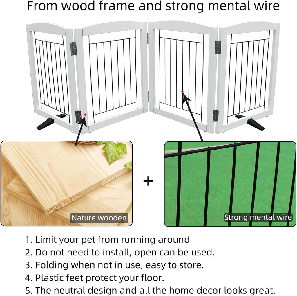 ZJSF Freestanding Dog Fence Indoor, Foldable Dog Gate for Doorways, Stairs or Hallways, Sturdy Wood Extra Wide Pet Gate with Support Feet for The House, White, 32 "Height-4 Panels