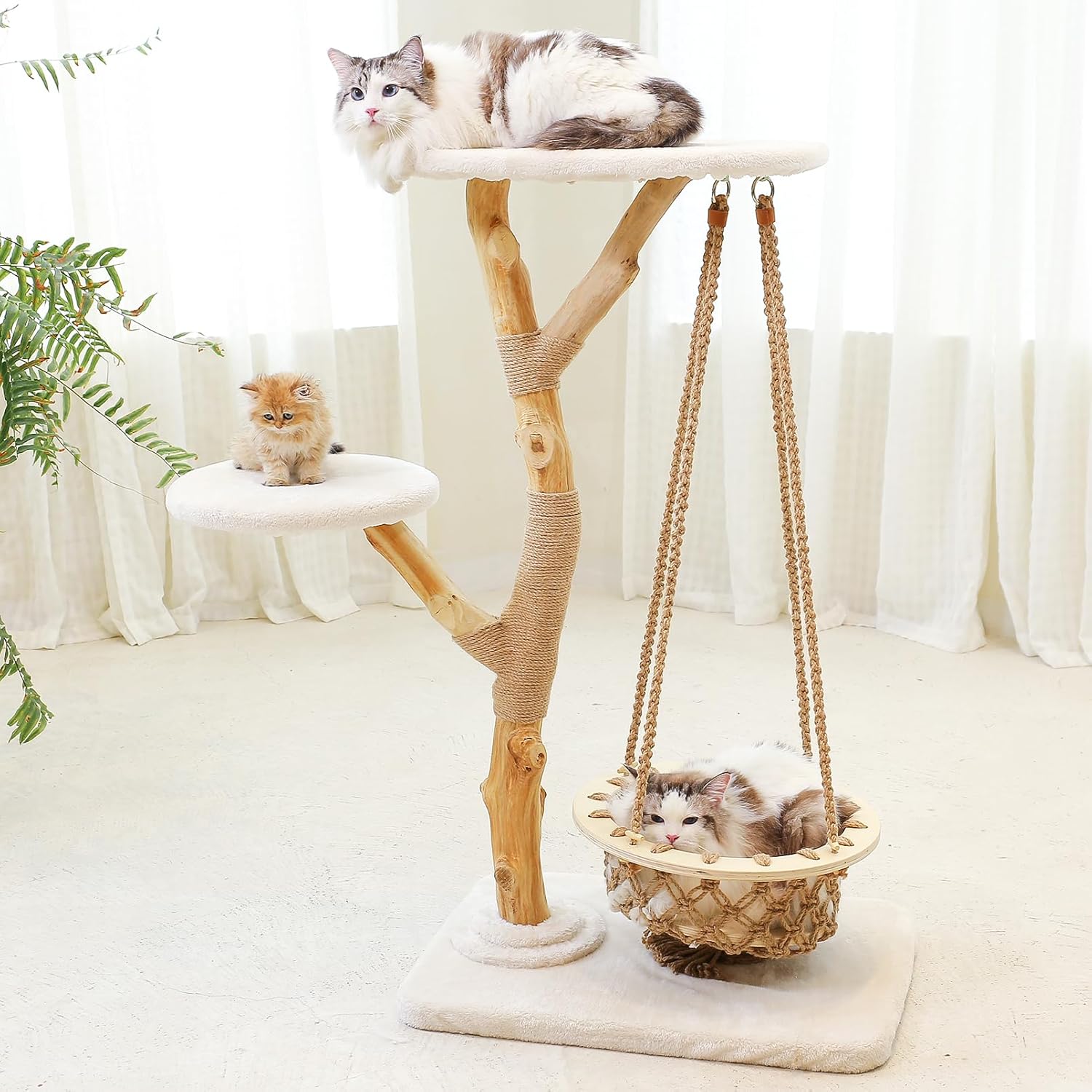 50" Tall Cat Tree Tower, Modern Cat Tree for Indoor Cats, Washable Wooden Perchs and Climbers for Large Cats, Cute Cat Furniture with Unique Cat Swing