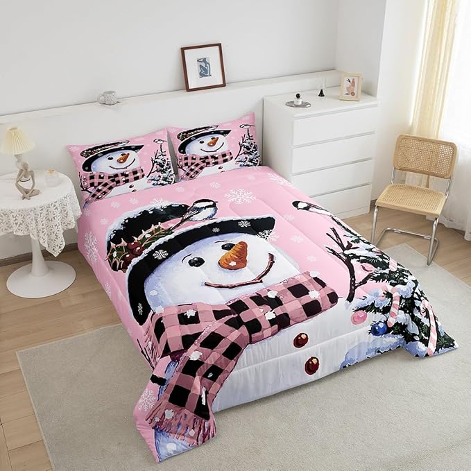 Feelyou Kids Christmas Theme Decorations Bedding Set Xmas Snowman Comforter Set for Boys Girls Snowflake Kawaii Cute Comforter Girly Pink Quilt Set Bedroom Collection Twin Size