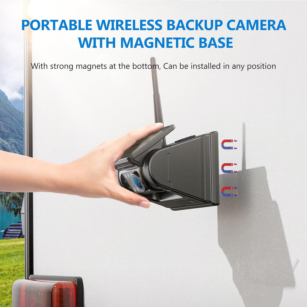 Magnetic Solar Wireless Backup Camera HD1080P 3 Mins DIY Installation DVR 7" IPS Monitor Rechargeable Reverse Camera System for Hitching Gooseneck Horse Trailer Fifth Wheels/Car RV Camper AP7