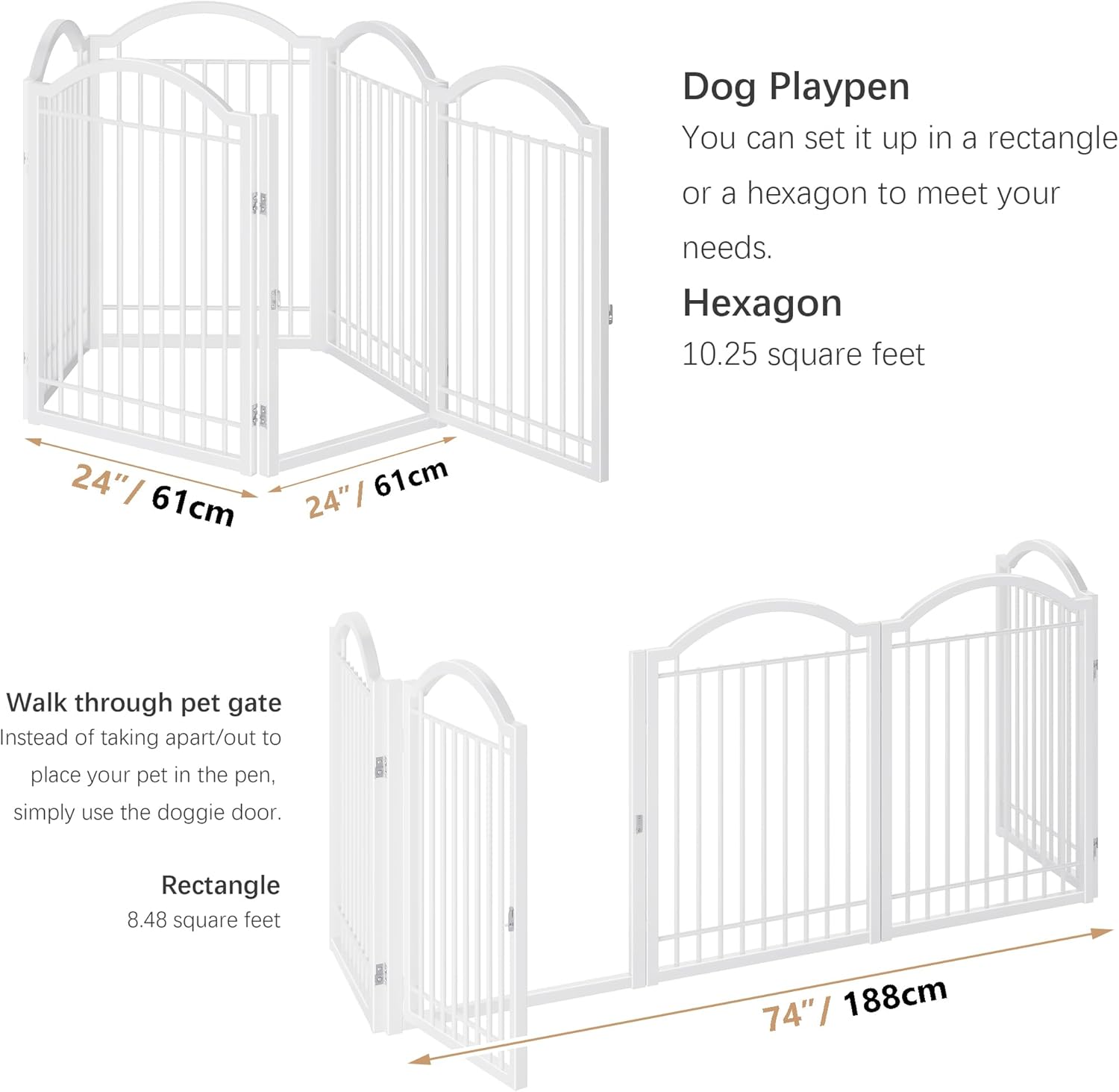 BHG Metal No-Assembly Freestanding Dog Gate with Door Walk Through, Extra Wide 120", Extra Tall 32" Pet Gate, Accordion Puppy Folding Playpen Dog Fence, with 2PCS Support (White, 5 Panels)