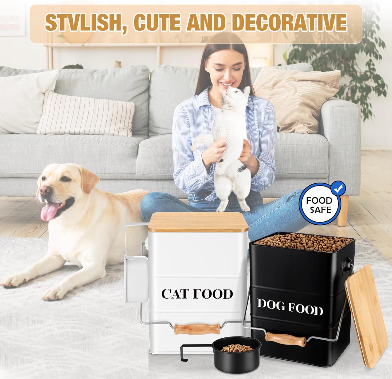 Tioncy 2 Pcs Metal Dog and Cat Food Storage Containers Big Pet Food Containers with Bamboo Lids and Spoon Airtight 5-7 Lbs Dog Cat Treat Snack Jars with DIY Labels for Kitchen Counter(White,Black)