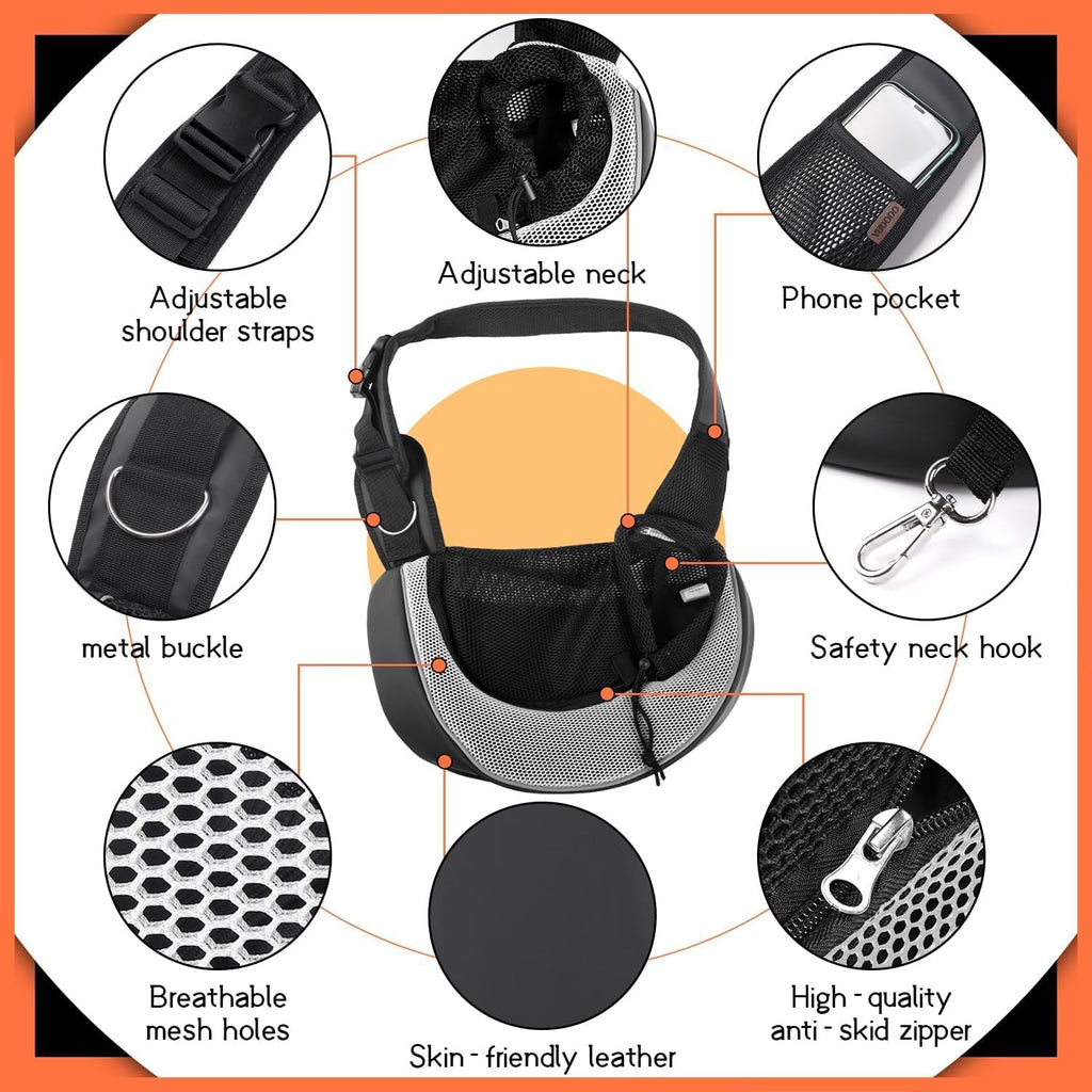 YUDODO Pet Sling Carrier for Small Dogs & Cats – Hands-Free Puppy Carrier with Safety Hook, Large Zipper Pocket, Soft Breathable Mesh, Adjustable Strap & Reflective Strip (Gray 3.0 M)