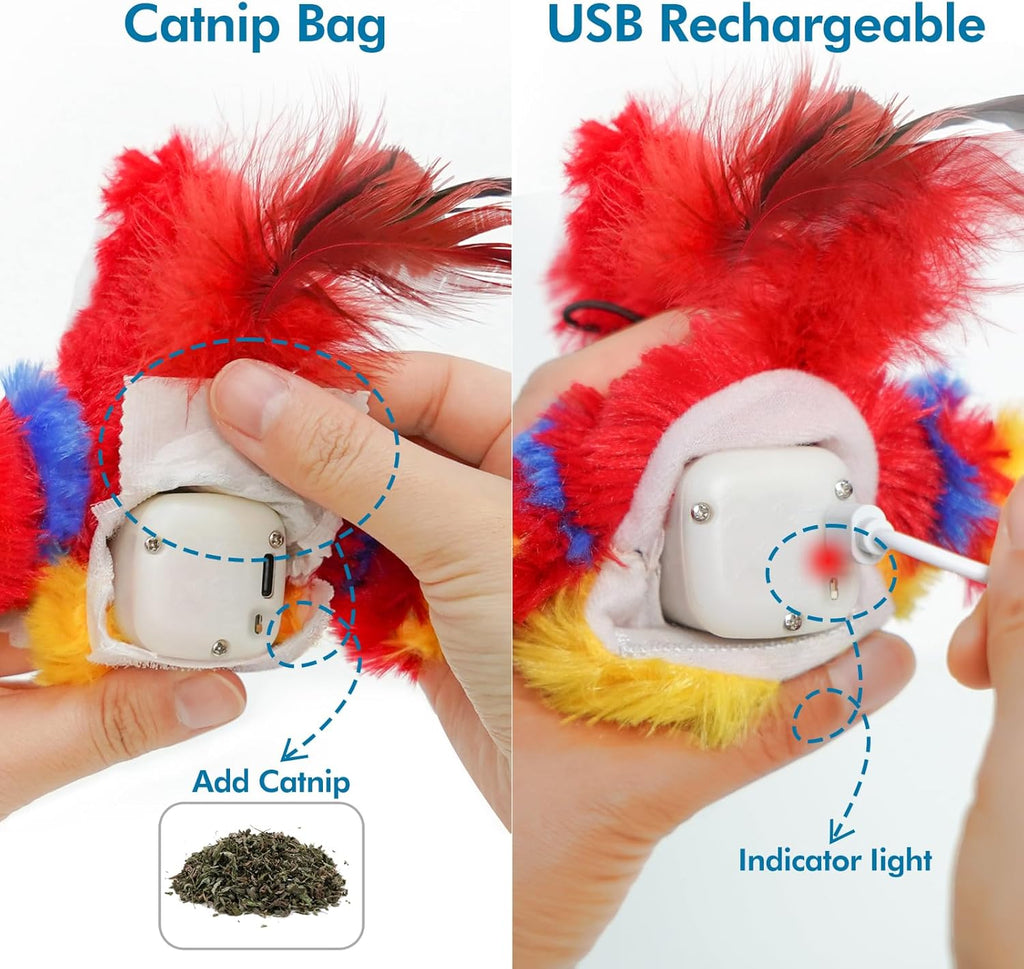 Vannon Cat Toys Flapping Bird(Cannot Fly), Rechargeable Touch Activated Kitten Toy Interactive Cat Exercise Toys with Catnip and Feather for Indoor Cat - Red