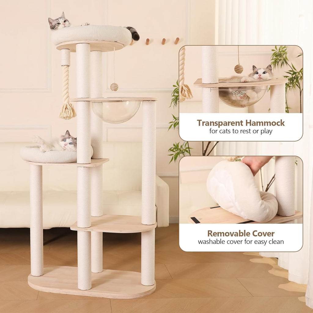 59" Modern Cat Tree Multi-Level Large Cat Tower Heavy Duty Cat Tree with Hammock,Cotton Scratching Post and Washable Cushions