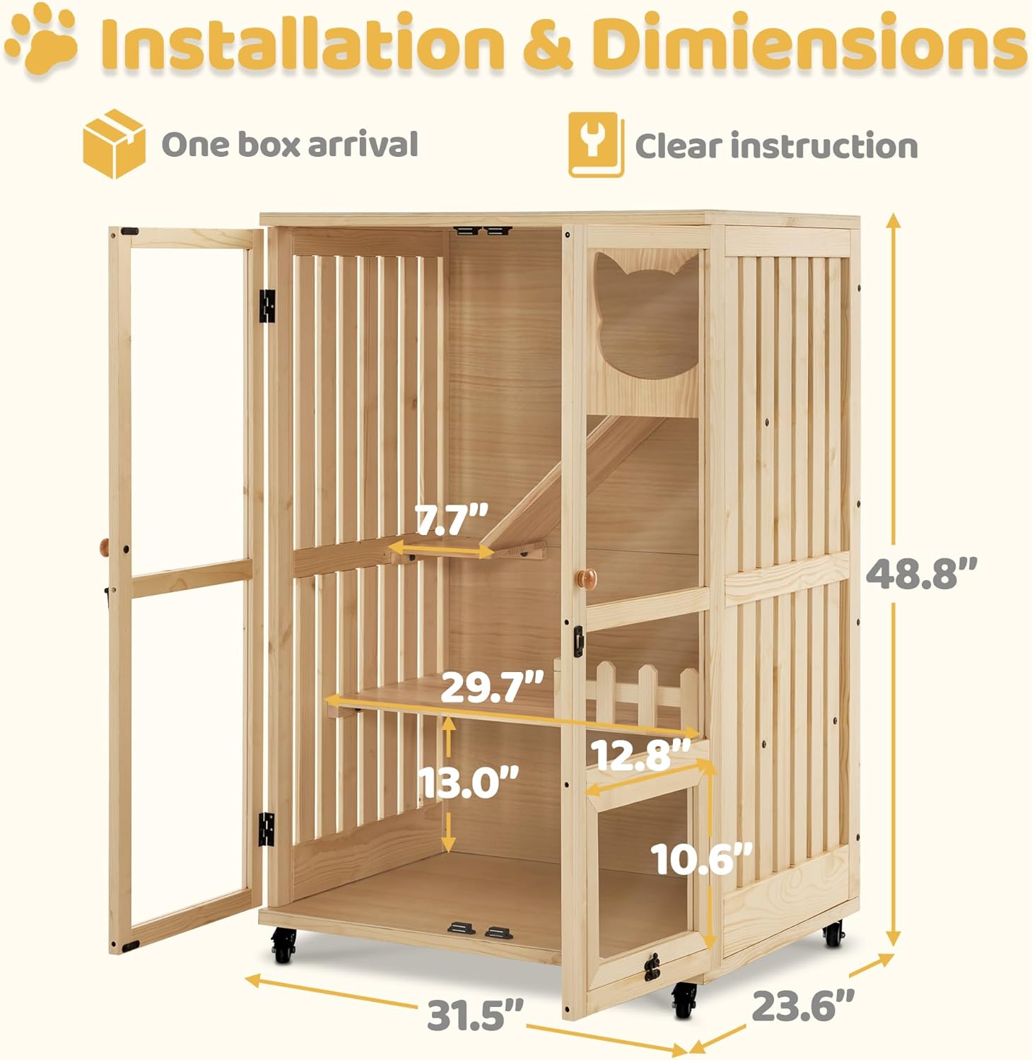 MCombo Wooden Cat Houses for Indoor Cats, Luxury Kitten House with Scratching Pad, Lockable Doors, Wheels, CT090
