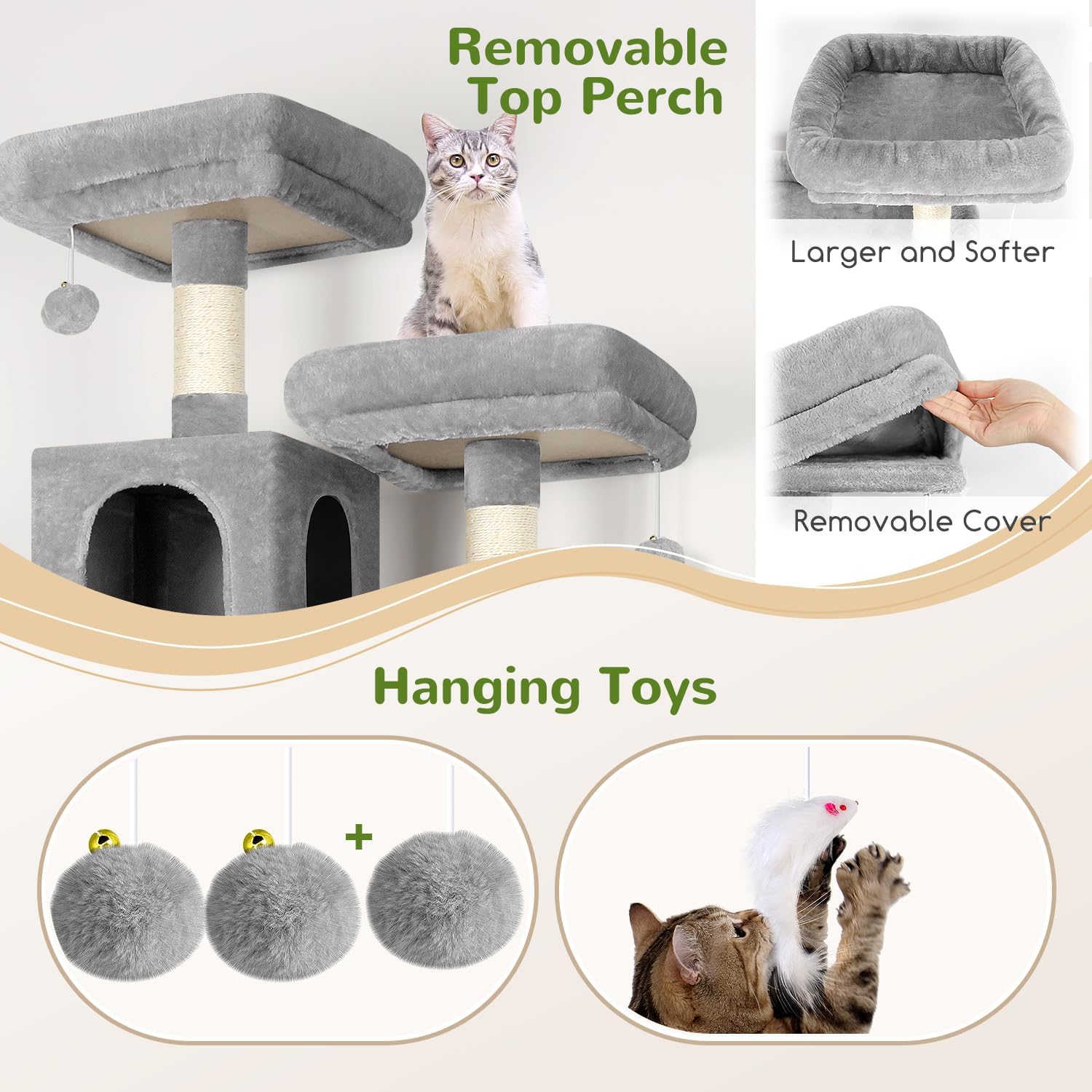 Globlazer Cat Tree Tower, 76-Inch Extra Tall Multi-Level Cat Furniture with Cozy Condos, Hammock and Perches for Adult Cats, Perfect for Climbing, Scratching, and Play, F76, Light Grey