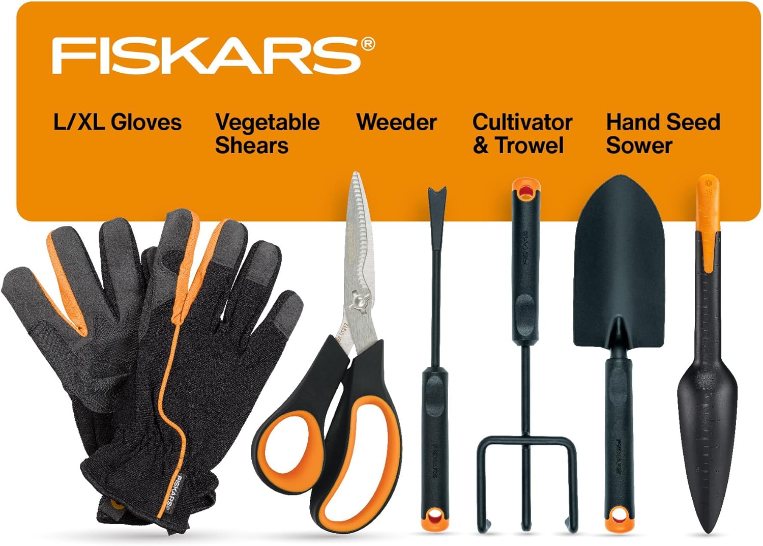 Fiskars Vegetable Garden Tool Set with Vegetable Shears, Seed Sower, Trowel, Cultivator, Weeder, and L/XL Garden Gloves for Indoor or Outdoor Gardening (6 Piece Kit), Gardening Gifts for Women