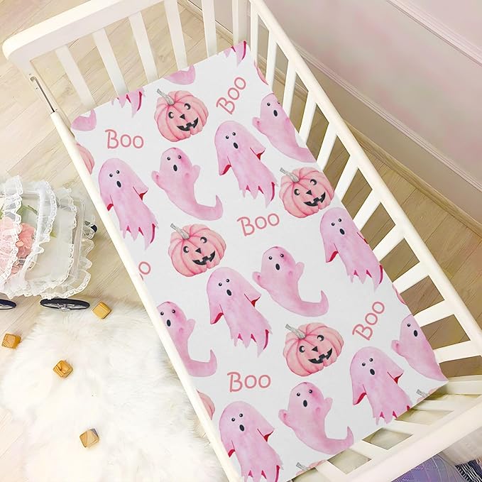 Halloween Ghosts Pink Crib Sheets Soft Breathable Fitted Baby Crib Sheets Mattress Cover for Girl Boys, 52" x 28" x 9"