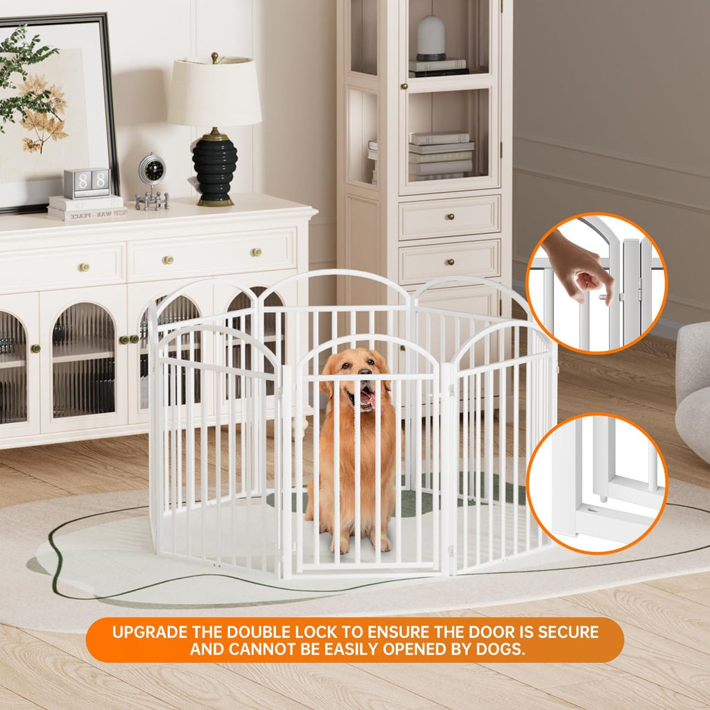 8 Panles Full Matel Freestanding Dog Gates with Door, 192"Extra Wide 32"Tall Free Standing Dog Pet Gate for Indoor & Outdoor. Foldable Pet Fences for Doorways, House, Stairs, Porch, Deck, Yard